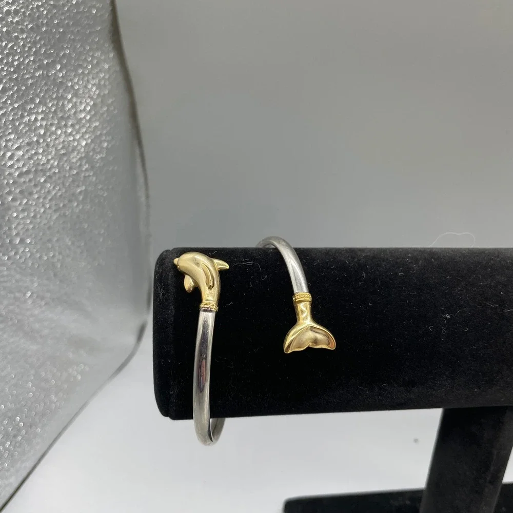 Vintage Two Tone Dolphin Bypass Cuff Bracelet Silver Gold Tone Nautical Jewelry
